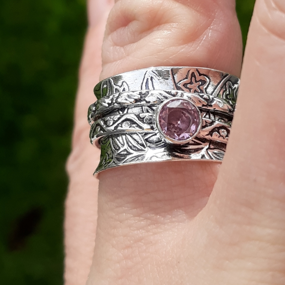 New Pink Topaz 925 Silver Spinner Meditation Ring.